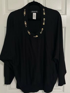 Jones New York Black Sweater with Gold Link Trim